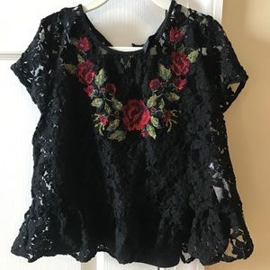 Black lace blouse with rose embroidery