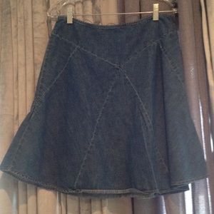 Chaps denim skirt, subtle flare, "pieced".