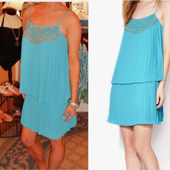 Trina Turk Dresses & Skirts - Trina Turk Hamsa Pleated Turquoise Beaded Dress