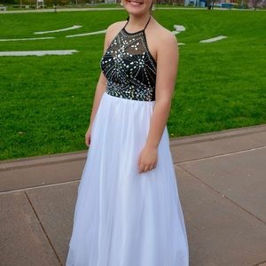 Halter Neck Gemstone Black + White Prom Dress