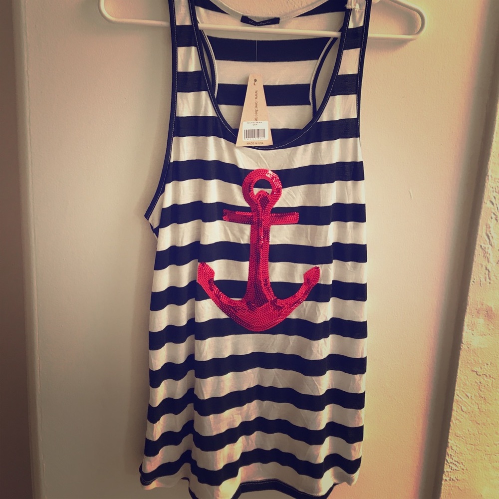 Sequin Red Anchor & Black and White Strip Top