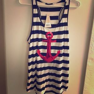 Sequin Red Anchor & Black and White Strip Top