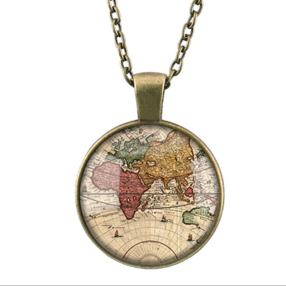 Vintage style bronze world map necklace