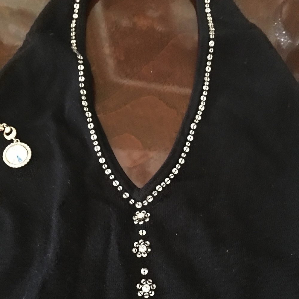 Cache Black Silk Knit Stretch Halter Top with Rhinestones Neckline - Size Small