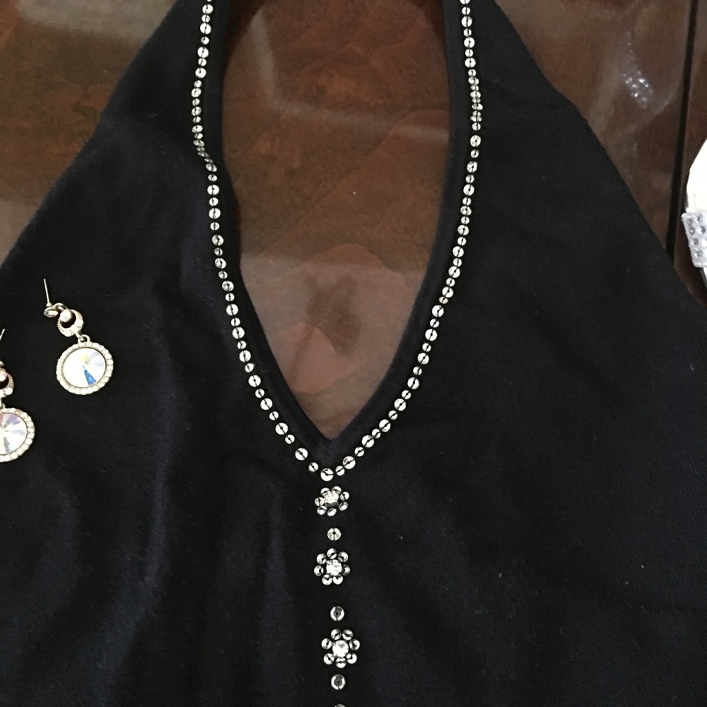 Cache Black Silk Knit Stretch Halter Top with Rhinestones Neckline - Size Small - Picture 2 of 4