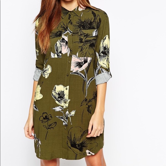 Olive Floral Shirt Dress - Picture 2 of 4