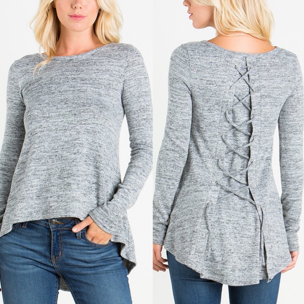 Lace-up Back Top - h. grey - Picture 1 of 1