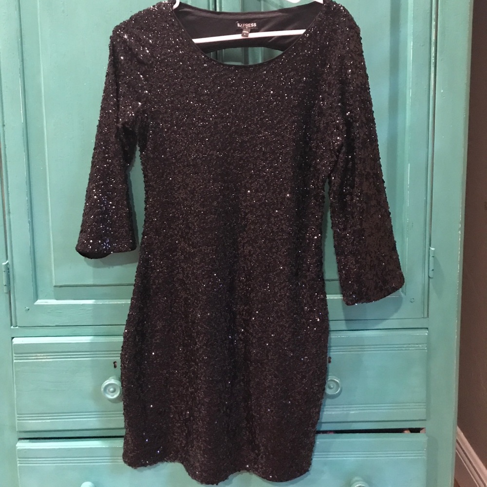 Express Mid Sleeve Black Sequin Dress
