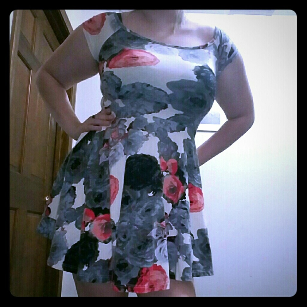 Black, white, and red abstract floral skater dress