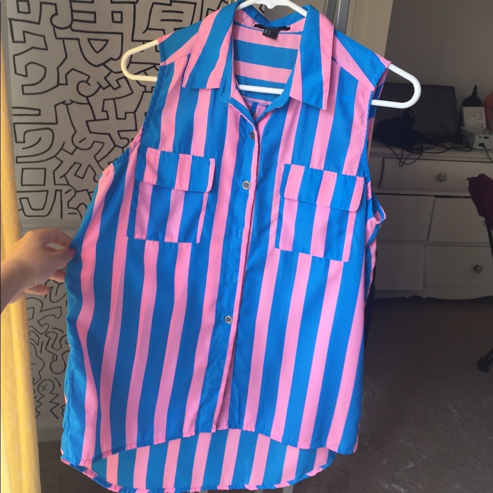 Pink & Blue Sleeveless Striped Button Down Blouse