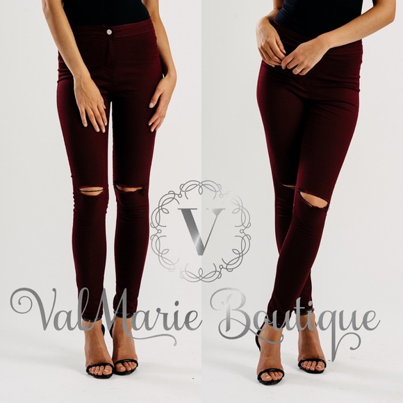 ValMarie Denim - ❇️SALE❇️ Burgundy Destroyed Knee Skinny Jeans