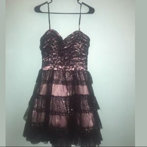 Pink and Black Tulle Floral Strapless Short Dress