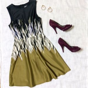 Feather Print Black/Gold Sleeveless Neoprene Dress