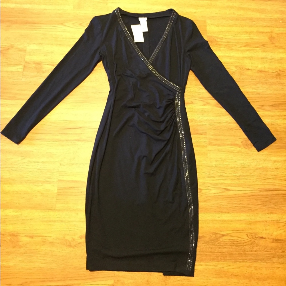 Cachè embellished faux wrap dress