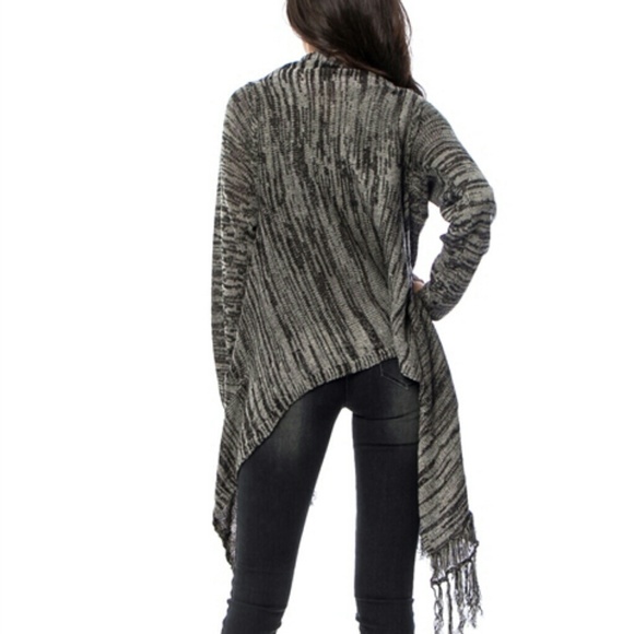 SWEATER CARDIGAN BLACK FRINGE HEM DRAPED CARDIGAN - Picture 4 of 4