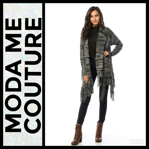 SWEATER CARDIGAN BLACK FRINGE HEM DRAPED CARDIGAN - Picture 3 of 4