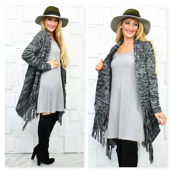 SWEATER CARDIGAN BLACK FRINGE HEM DRAPED CARDIGAN - Picture 2 of 4