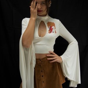 David Bowie Hand Painted Bell Sleeve Keyhole Crop