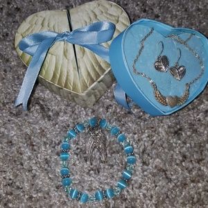 Angel wing heart necklace earrings bracelet set