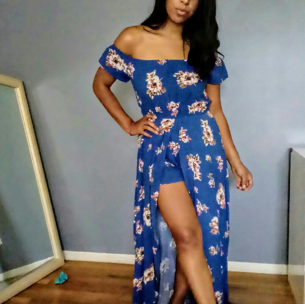 SHOULDER BLUE FLORAL MAXI ROMPER DRESS - Picture 2 of 6