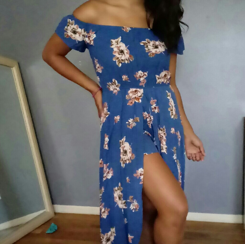 SHOULDER BLUE FLORAL MAXI ROMPER DRESS - Picture 4 of 6