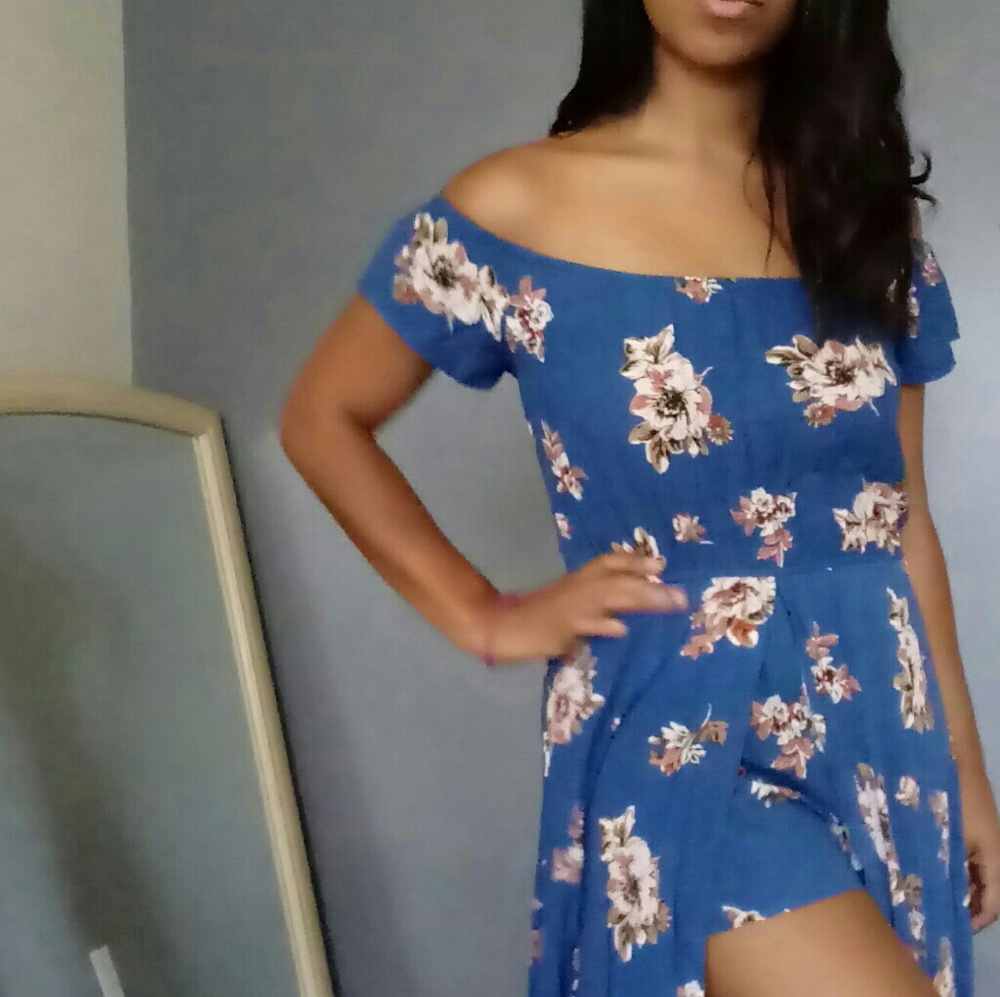 SHOULDER BLUE FLORAL MAXI ROMPER DRESS - Picture 5 of 6