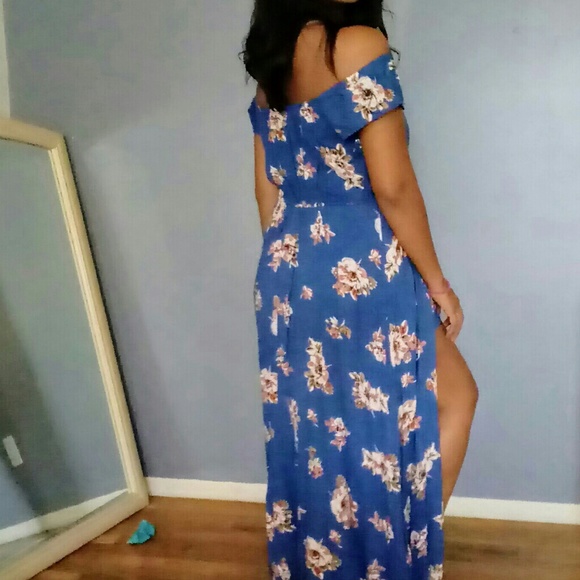 SHOULDER BLUE FLORAL MAXI ROMPER DRESS - Picture 3 of 6