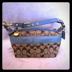 Coach Signature Canvas Demi Handbag with Blue Trim