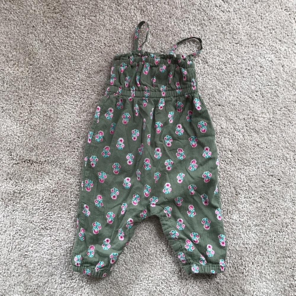 Barely worn army green romper with pink flowers
