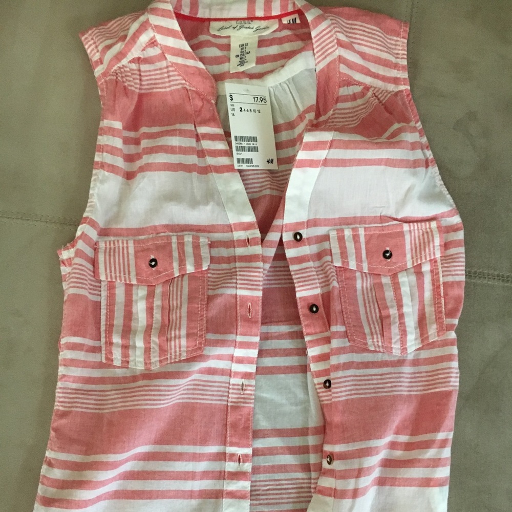 Pink and white striped sleeveless button down