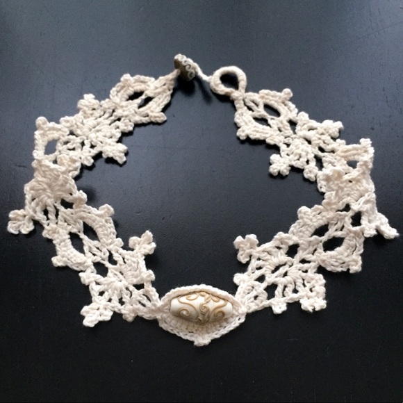 Lace Choker Cotton Crochet Victorian Glass Bead - Picture 3 of 7