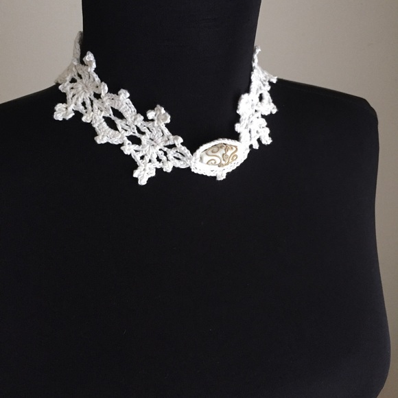 Lace Choker Cotton Crochet Victorian Glass Bead - Picture 2 of 7