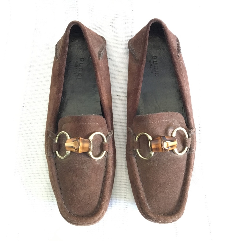 Brown Gucci Suede Loafers w/ Bamboo Wood