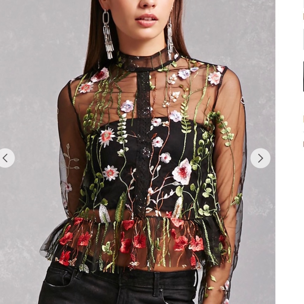 Embroidered floral long sleeve sheer mesh top