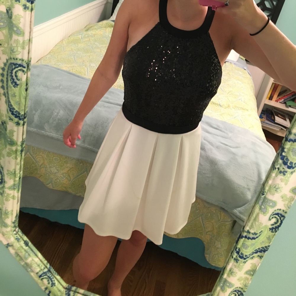White Black Sequin Top Formal Dress