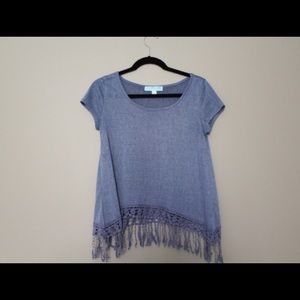Boutique Blue top with fringe/lace at the bottom