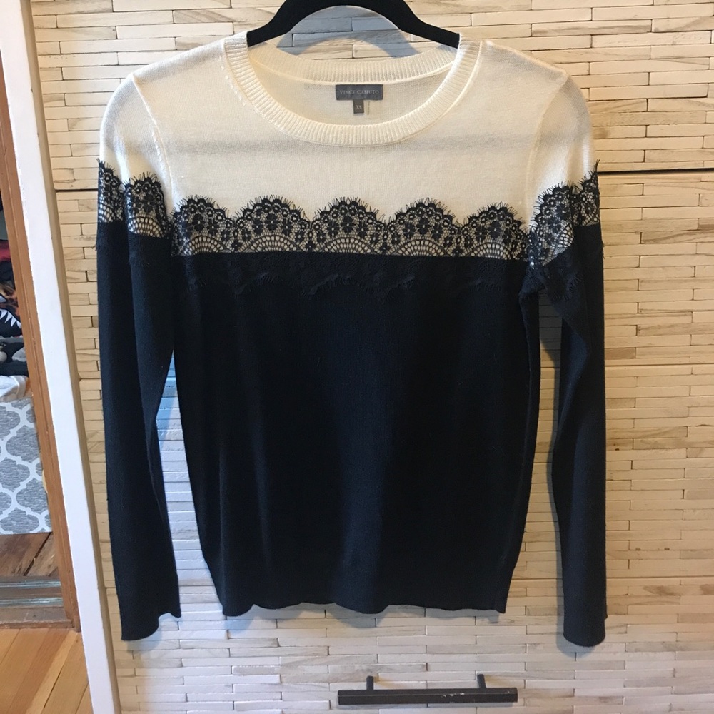 Vince Camuto Ivory & Black Sweater w/ Lace XS