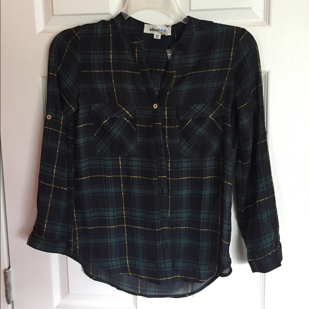 AliceBlue Plaid Button Up Blouse