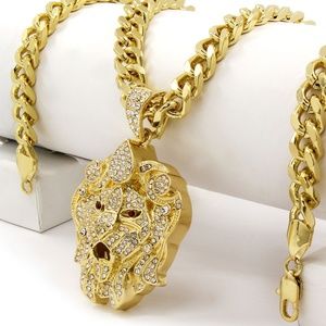 Gold Plated Lion Face CZ Pendant & 30" Cuban Chain