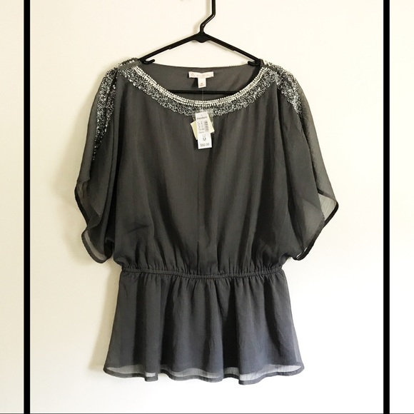 Dress Barn Tops - NWT Gorgeous grey beaded top with cinched waist