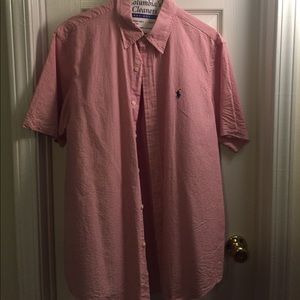 Red and white striped button down Polo, size L.