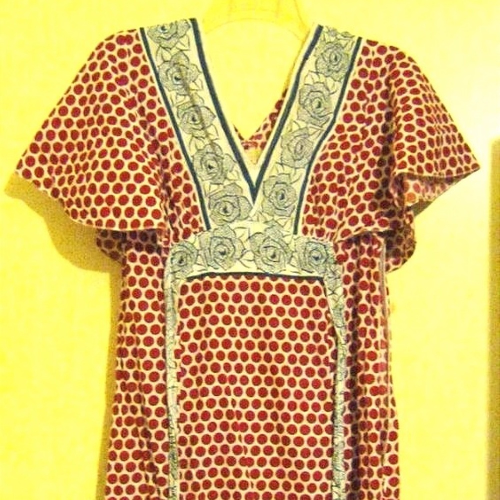 Red Polka Dot V-Neck Empire Waist Kimono Dress L
