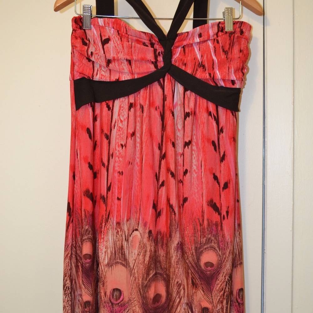 Coral Peacock feather halter dress