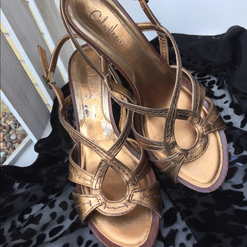 Cole Haan Strappy Gold Pumps
