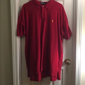 Solid red polo shirt.