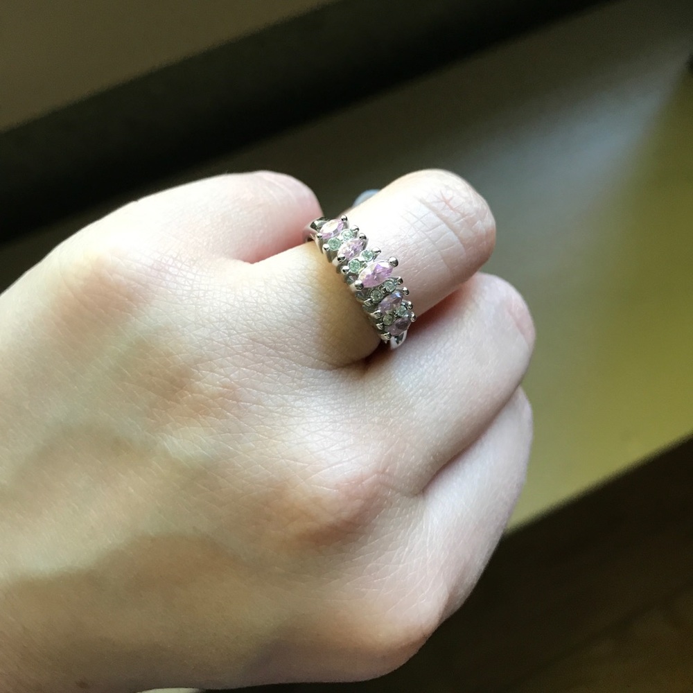 Pink and diamond stone silver ring.