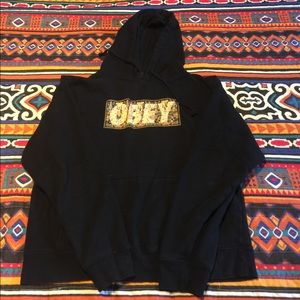Obey Black Hoodie With Tapestry Detailing. Large