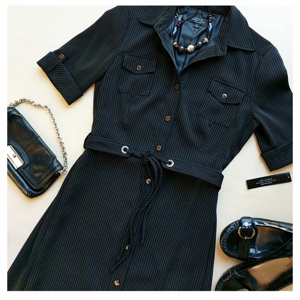 Tahari ASL Button Front Black Shirt Dress NWT