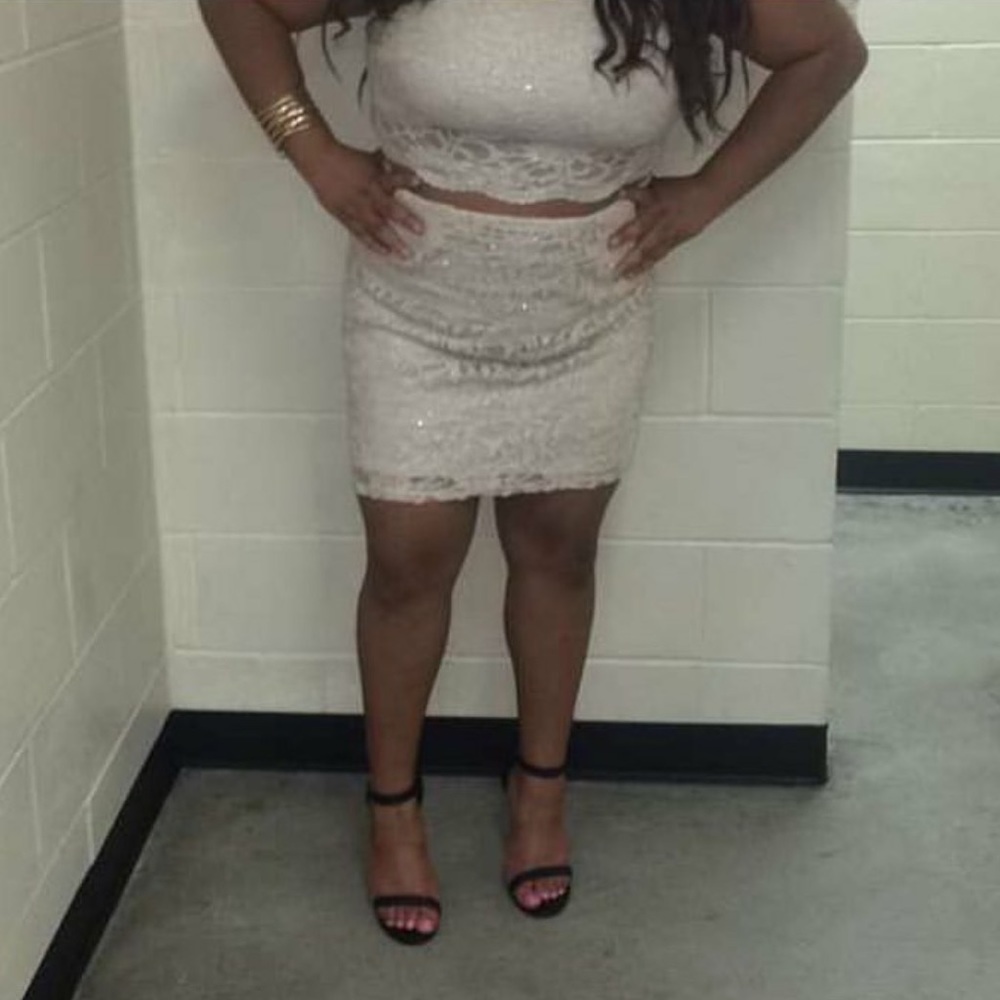 Nude lace glitter two-piece dress.