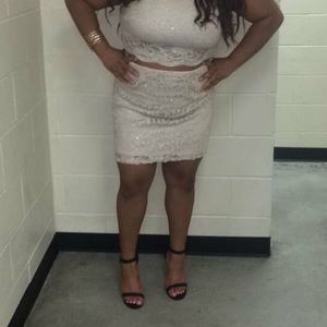 Nude lace glitter two-piece dress.